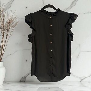 Tahari Black Button-Down Ruffle Blouse with Flutter Sleeves and Gold Buttons